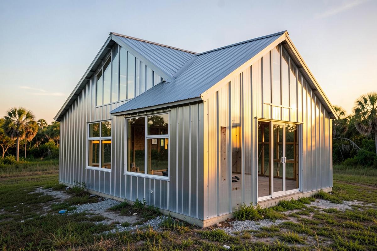 Barndominium metal building shell with gable roof and large window openings