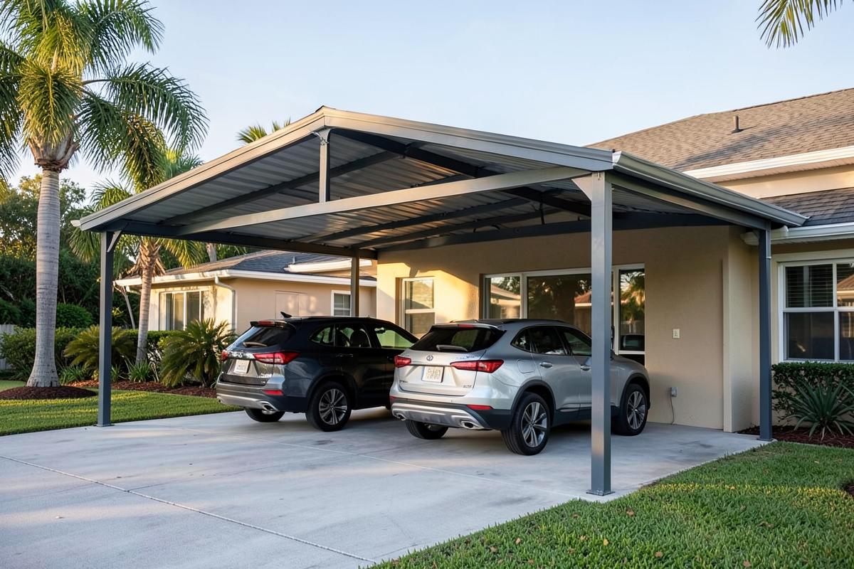 Open steel carport covering two vehicles beside a Florida home