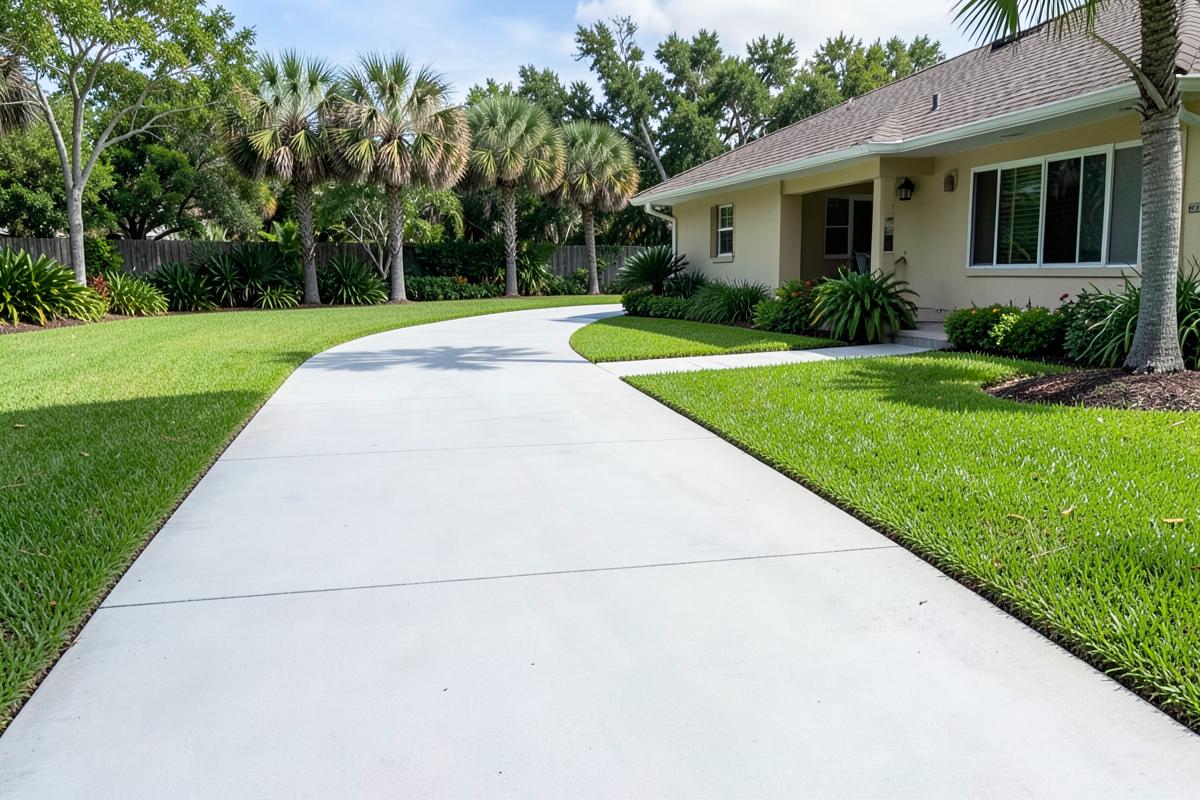 New concrete driveway curving toward a Florida home