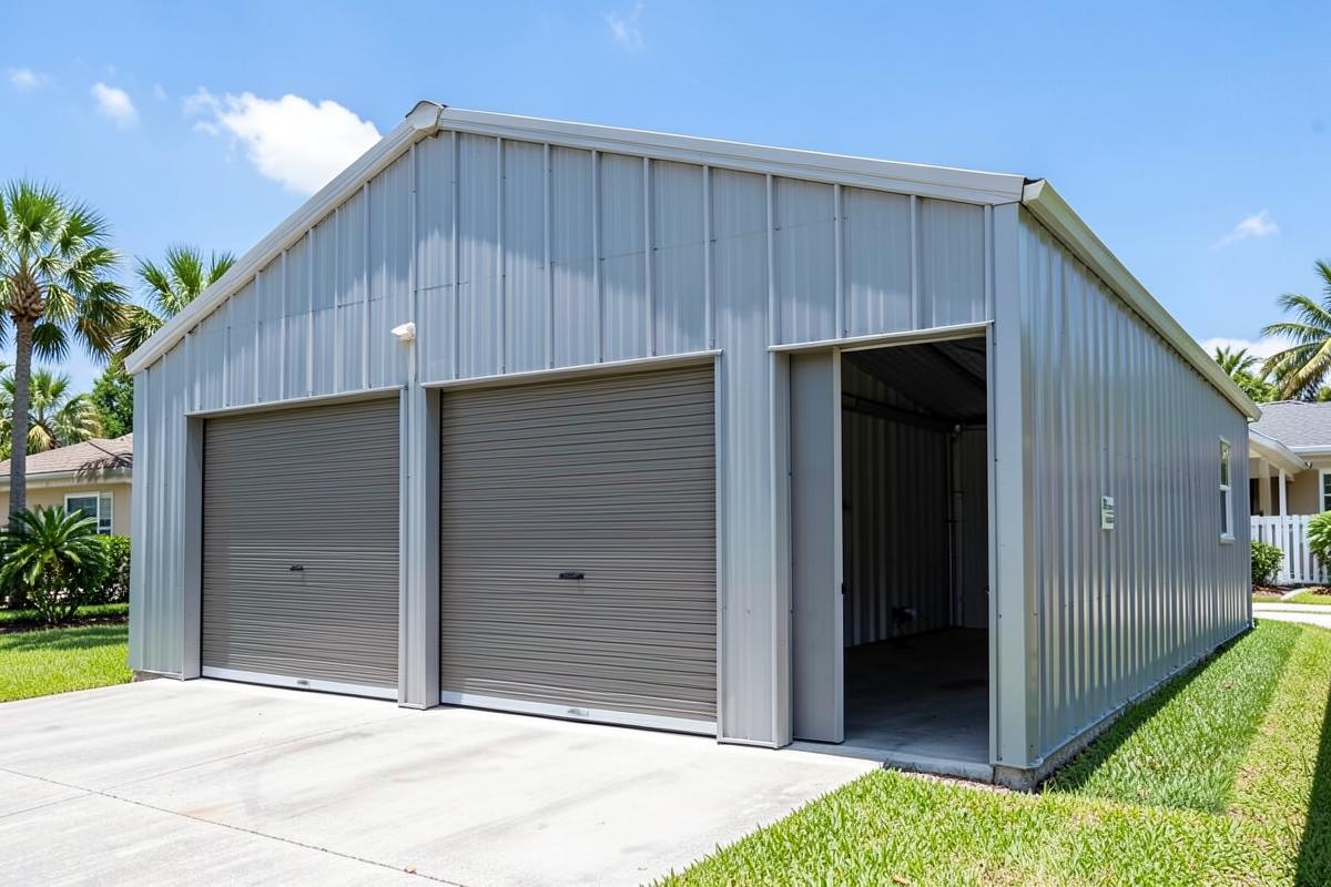 Enclosed steel garage building with two roll-up doors on a Florida property