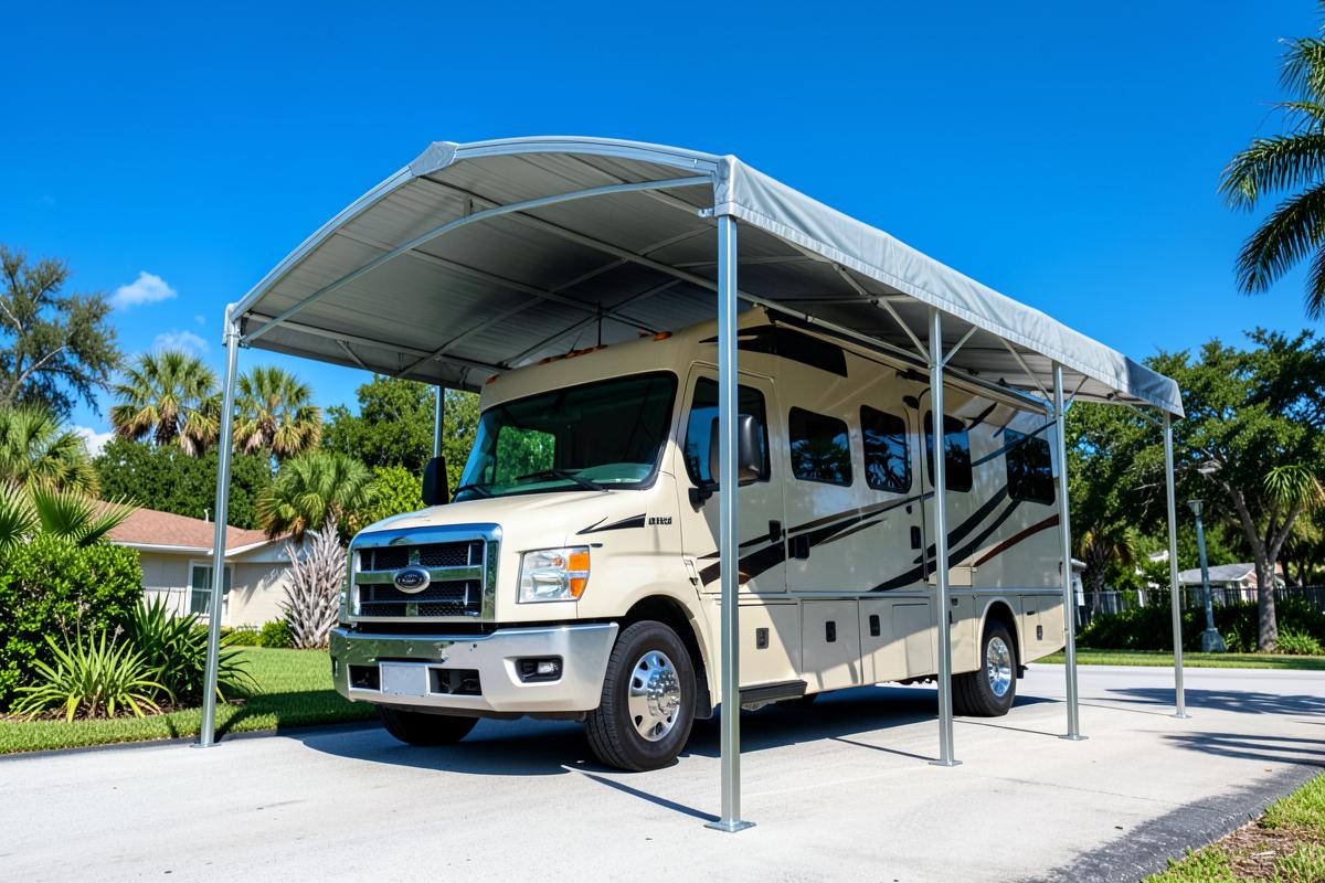 Tall steel RV cover sheltering a large motorhome