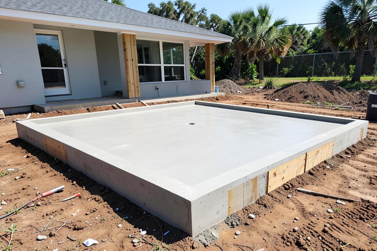 Finished concrete slab foundation with form boards on a building site