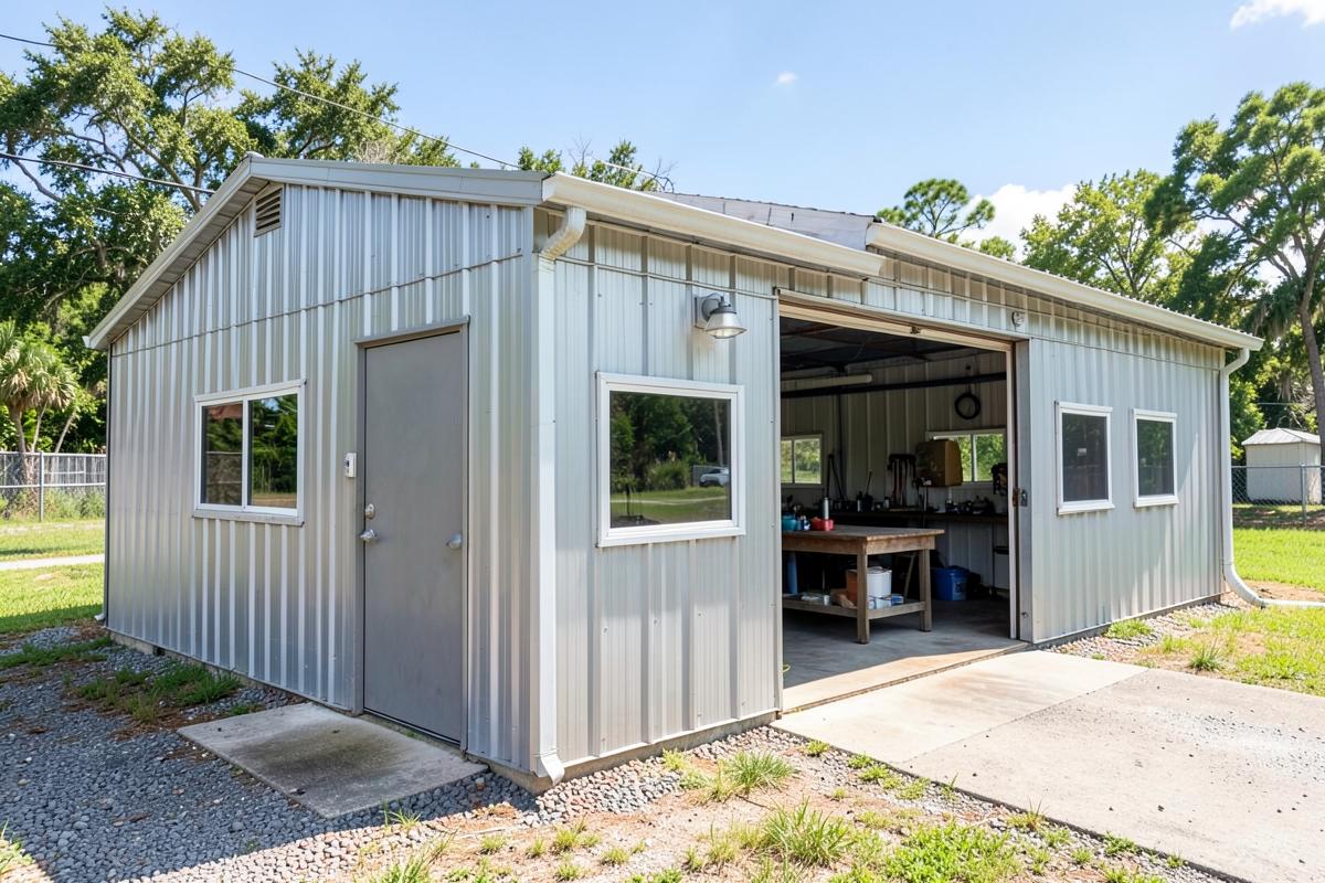 Metal workshop building with a walk-in door, windows and an open bay